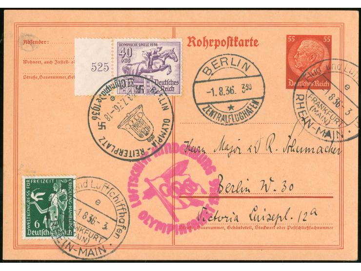 1936, Olympiafahrt Rohrpostkarte mit SSt. Reiterplatz 28.7.36, verwendet ab Frankfurt 1.8.36 nach Berlin und Ankunftsst."Berl