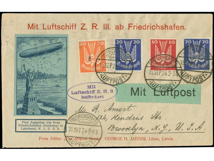 1924, Flugpostausgabe 4 Werte auf Brief mit Nebenstempel "Mit Luftschiff Z.R. 3 befördert" in violett, “FRIEDRICHSHAFEN 15.9.