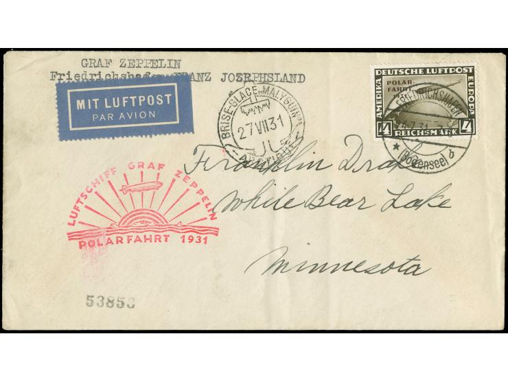 1931, Polarfahrt 4 M. Etappe bis Eisbrecher Malyguin mit Stempel "FRIEDRICHSHAFEN 24.7.31" auf Polarfahrt-Brief bis Malyguin,