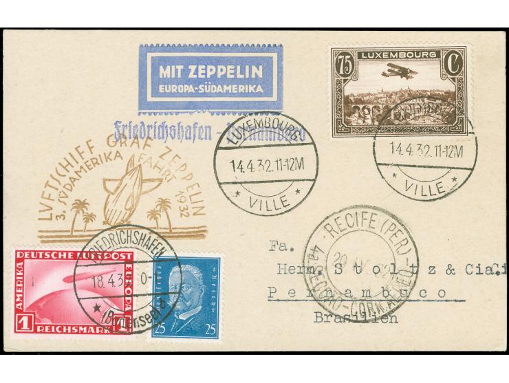 1932, 3. Südamerikafahrt, sehr schöne Zeppelinkarte mit Doppelfrankatur Luxemburg/Deutsches Reich mit Sonderbestätigungsstemp