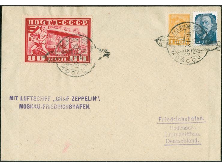 1930, Fahrt nach Russland, UDSSR-Post, 40 Kop. und 80 Kop. Sondermarken gezähnt je mit Zufrankatur auf Ganzsachenkarte bzw. B