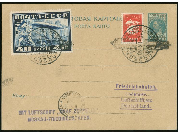 1930, Fahrt nach Russland, UDSSR-Post, 40 Kop. und 80 Kop. Sondermarken gezähnt je mit Zufrankatur auf Ganzsachenkarte bzw. B