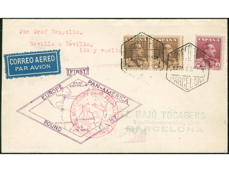 1930, SPANIEN 1. Südamerikafahrt Brief mit Paar 10 ptas. und 4 ptas., Anschlussflug ab BARCELONA 17.5. bis Lakehurst, Ak.-Ste