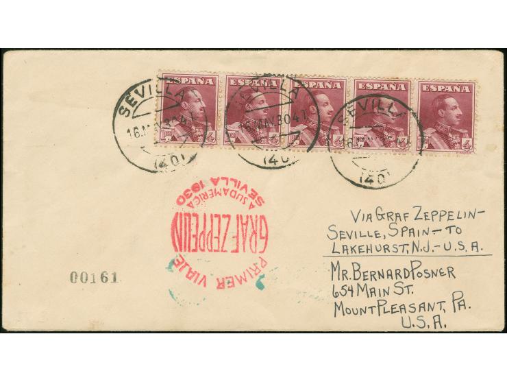 1930, SPANIEN 1. Südamerikafahrt Brief mit Fünferstreifen 4 ptas., ab BARCELONA 16.5. bis Lakehurst, Ak.-Stempel rs., Rundflu
