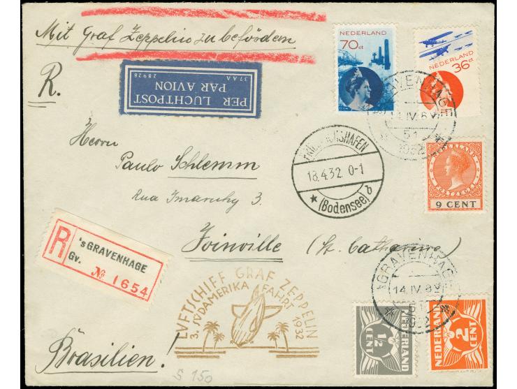 1932, Niederlande 3. Südamerikafahrt Einschreibebrief ab s'Gravenhage 14.4. mit Flugpost-MiF, Flugstempel und Transit F'hafen