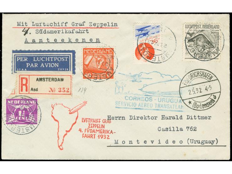 1932, Niederlande 4. Südamerikafahrt, R-Brief ab Amsterdam 28.4. mit 1½ g. Flugpost in bunter MiF nach Montevideo, Transit Fr