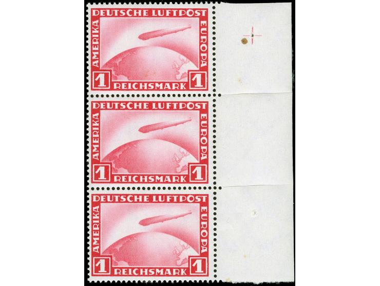 1931, Zeppelin 1 RM lilarot, senkrechter Dreierstreifen vom rechten Bogenrand, dieser vorgetrennt
