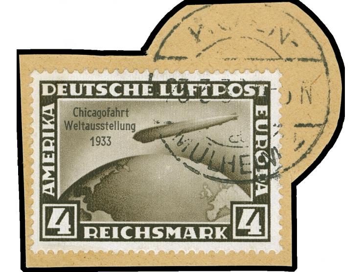 1933, Chicagofahrt 4 M. schwarzbraun auf Briefstück mit Stempel Köln-Mülheim, einwandfrei
