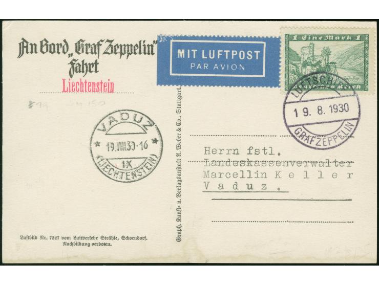 1930, LIECHTENSTEIN, Vaduzfahrt, Zeppelin Fotokarte mit 1 Mk. grün, Bordpost mit Ank.-St. Vaduz 19.8.30.-16
