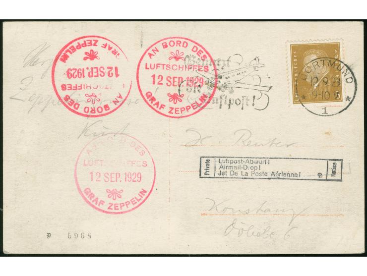 1929, Deutschlandfahrt, Abwurf Konstanz, unterfrankierte Zeppelin Postkarte mit Bordstempel vom 12.9. und Frankatur mit Stemp