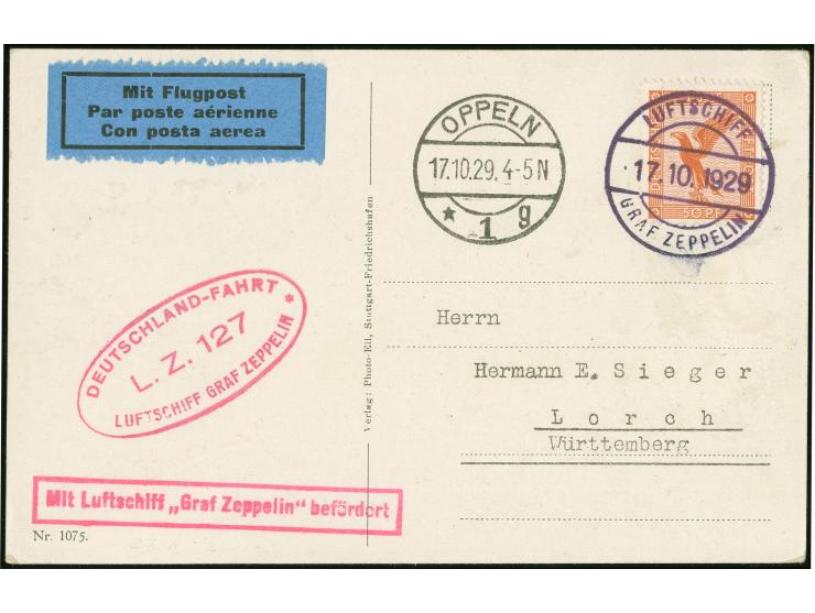 1929, Schlesienfahrt Karte mit 50 Pfg Flugpost, Abwurf Oppeln, Bordpost 17.10., Flugstempel und privater Flugstempel sowie An
