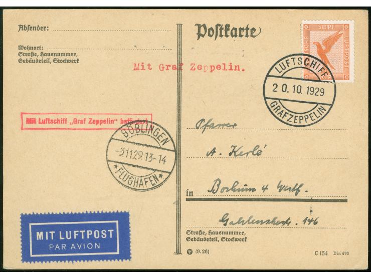 1929, Böblingenfahrt Karte mit 50 Pfg Flugpost nach Libau, Bordpost 20.10., vorderseitig mit Ankunft Böblingen 3.11., selten
