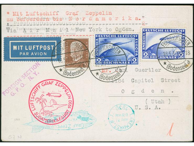 1930, Südamerikafahrt bis Lakehurst 2 M. mit liegendem Wz., Hindenburg 50 Pf. und 2 M. Zeppelin mit Stempel "FRIEDRICHSHAFEN 