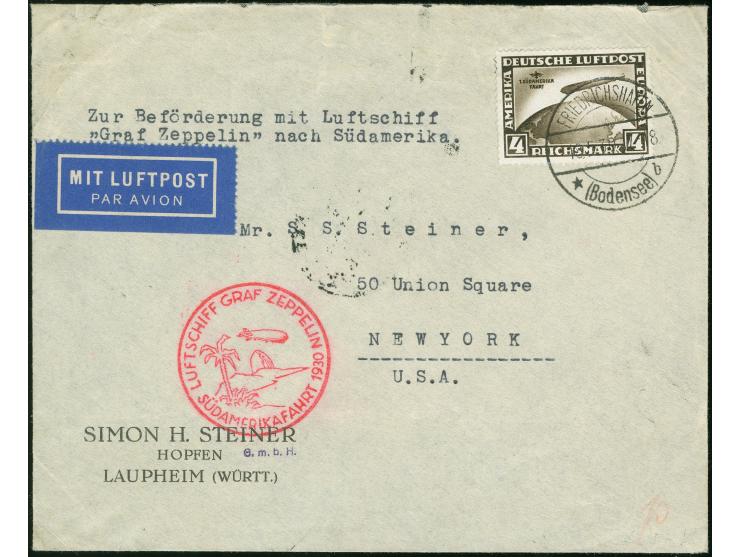 1930, Südamerikafahrt 4 M. mit liegendem Wz., mit Stempel "FRIEDRICHSHAFEN 16.5.30" auf Brief zur Südamerikafahrt bis Pernamb