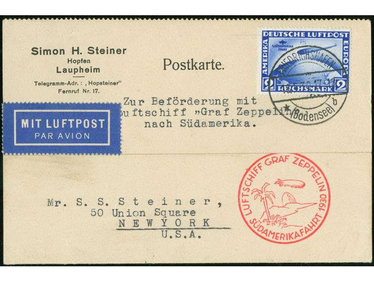 1930, Südamerikafahrt bis Lakehurst 2 M. “Mond über Luftschiff” mit liegendem Wz., mit Stempel "FRIEDRICHSHAFEN 18.5.30" auf 