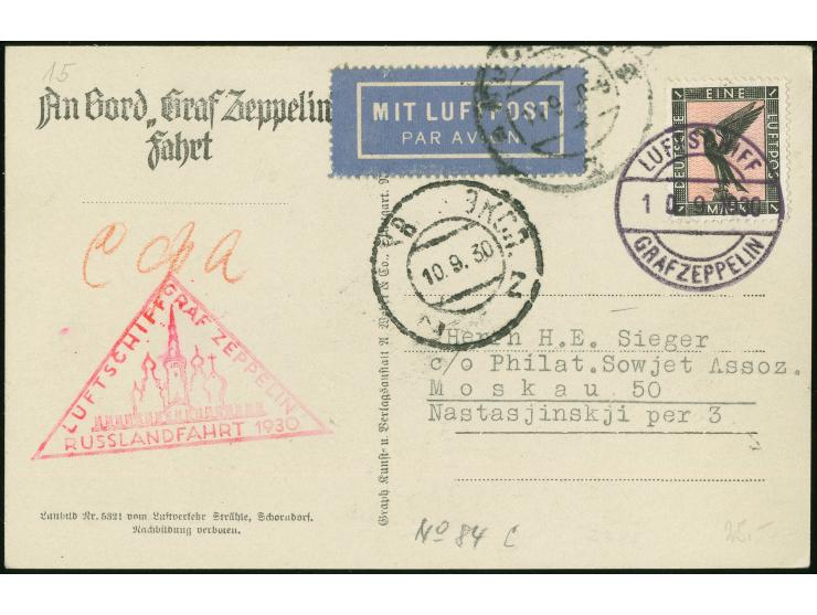 1930, Fahrt nach Rußland, Bordpost 10.09., Bordpost-Zeppelin-AK mit 1 M Adler und Ank.-St. Moskau
