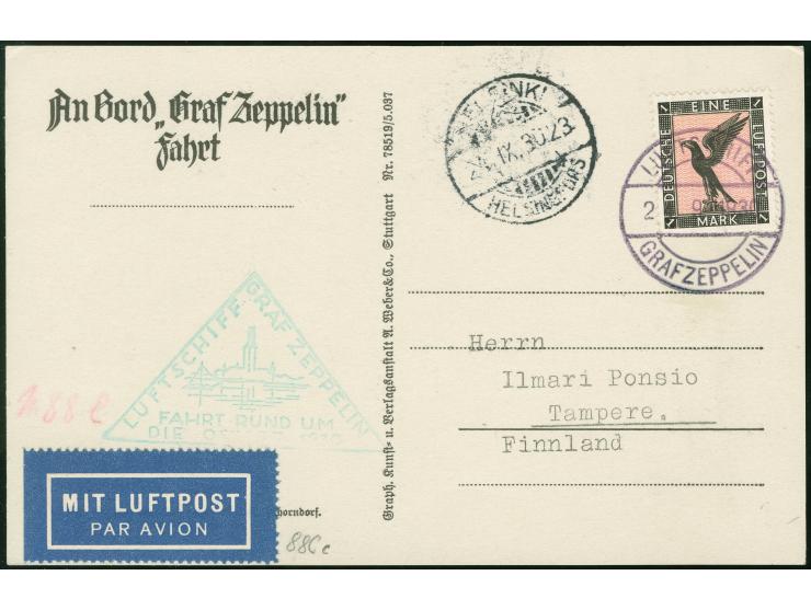 1930, Ostseefahrt Karte mit 1 RM Flugpost, Abwurf Helsinki, Bordpost 24.9., Flugstempel und Ankunft Helsinki 24.9. vs., sehr 