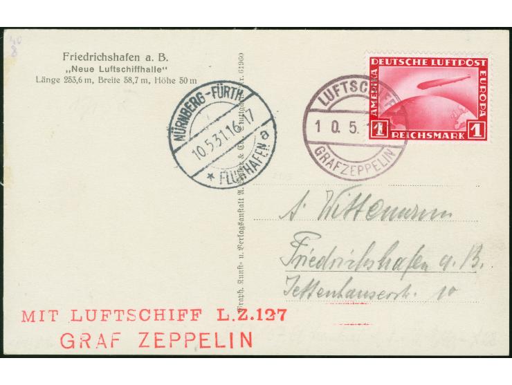 1931, Fahrt nach Nürnberg, Bordpost 10.5. Karte mit 1 RM Zeppelin als früheste Verwendung auf Zeppelinpost, auf dieser Karte 