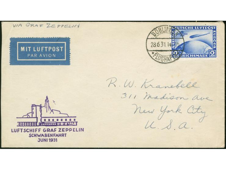 1931, Schwabenfahrt Rückfahrt, Brief ab Böblingen 28.6. mit 2 RM Zeppelin Südamerikafahrt, liegendes Wz., Flugstempel vs., An