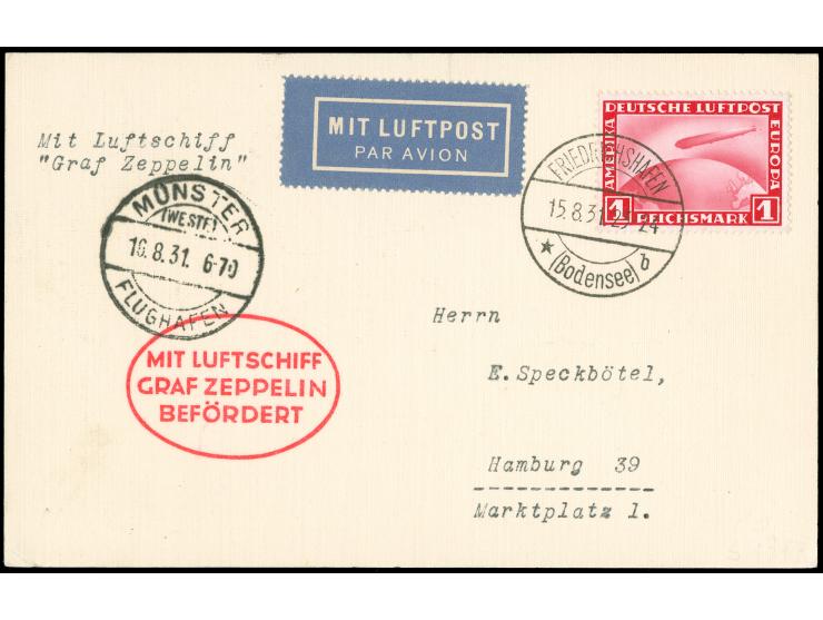 1931, Münster-Essen-Fahrt, Bordpost 16.8., Etappe bis Münster, Karte mit 1 RM Zeppelin, Ankunft 16.8. vs., adressiert nach Ha