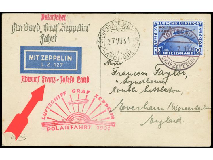 1931, Polarfahrt, Zeppelinkarte Bordpost 26.7. mit 2 RM Sondermarke bis Malygin, roter “Abwurf Franz-Josefs Land”, alle Stemp