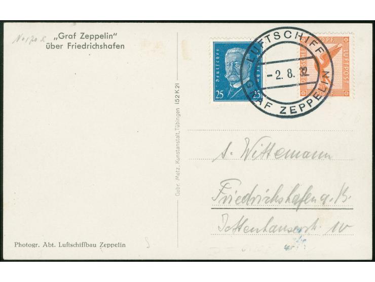 1932, Kurzfahrten in die Schweiz, 50 Pf. orangebraun und 25 Pf. blau auf Bordpostkarte vom 2.8.32 nach Friedrichshafen
