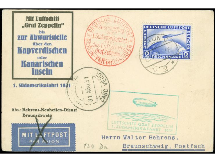 1931, 1. Südamerikafahrt, Vordruckkarte mit 2 RM Zeppelinmarke via Anschlussflug Berlin bis Kap Verde mit Ak.-Stempel, alle S