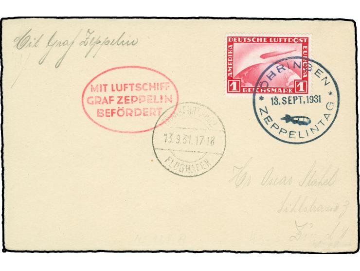 1931, Friedrichshafen-Öhringen-Frankfurt-Friedrichshafen, saubere Karte mit EF 1 RM Zeppelin von Öhringen 13.9. nach F'hafen,
