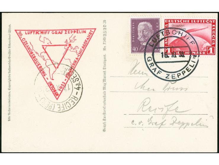 1933, Chicagofahrt Fotokarte mit 1 RM Sondermarke und 40 Pf Hindenburg, Etappe bis Recife, Bordpost 16.10., Flugstempel und A
