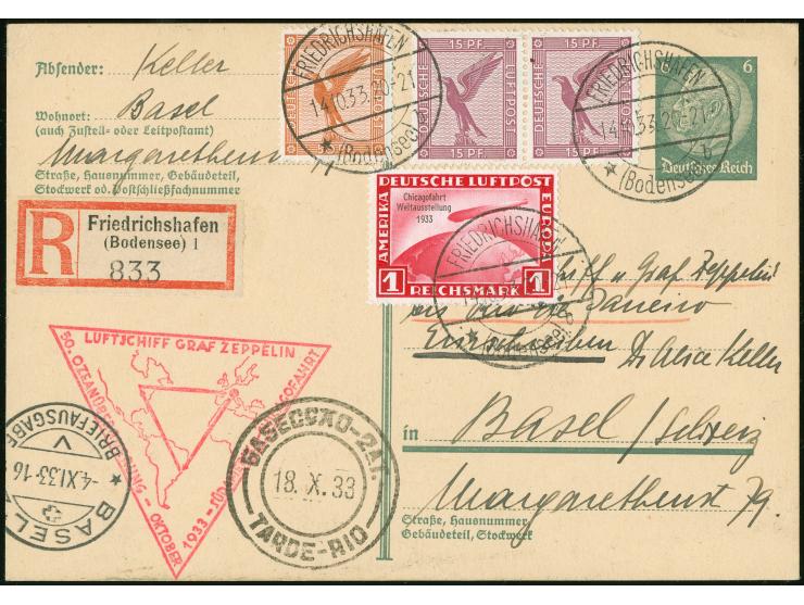 1933, Chicagofahrt, 1 RM Sondermarke in dekorativer MiF auf 6 Pf GA-Karte als Einschreiben, Etappe bis Rio, Brief ab Friedric