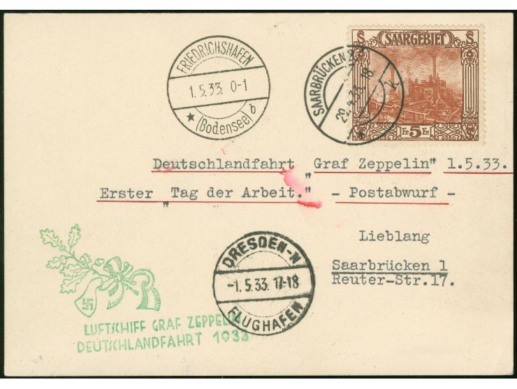 1933, Deutschlandfahrt, Karte ab SAARBRÜCKEN 25.4. mit Saargebiet 5 Fr. (Mi. 97) via F'hafen bis Dresden, alle Stempel anschr