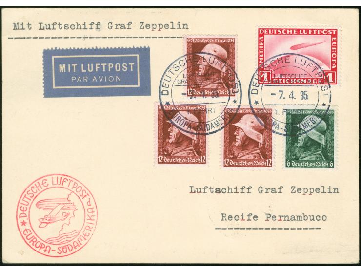 1935, 1. Südamerikafahrt, Karte mit 1 RM Zeppelin in bunter MiF, Bordpost 7.4., Flugstempel "d" und Ankunft Recife 9.4. rs.
