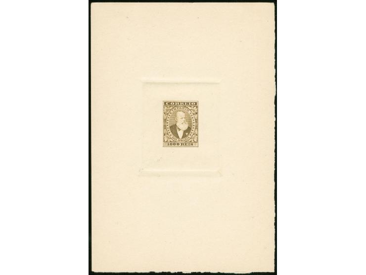 1878, Dom Pedro unissued 1000 r. two die proofs in diff. colors on thick paper, design inscribed "Empire of Brazil", very fin