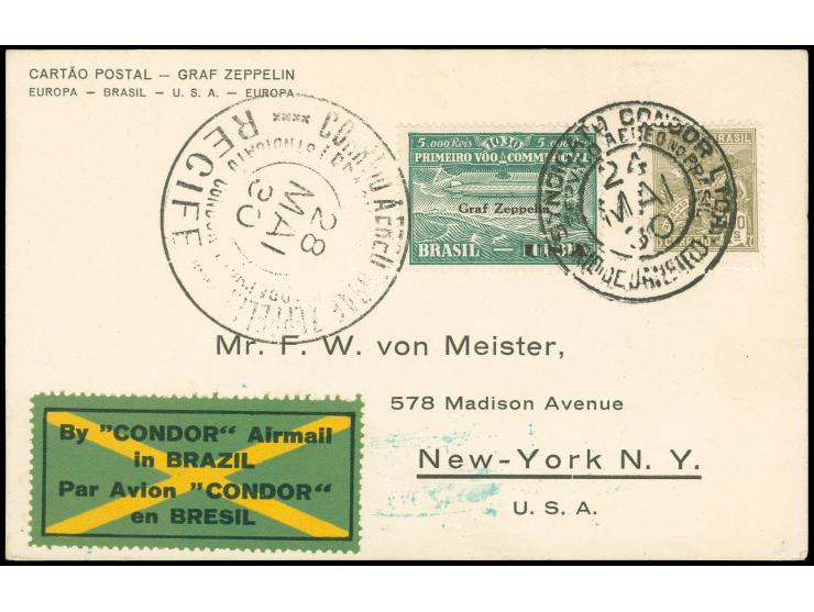 1930, Brasilien Südamerikafahrt, Karte mit 5.000 rs. grün Aufdruck USA und Beifr. 200 rs. ab Rio 24.5.30 nach New York mit rs