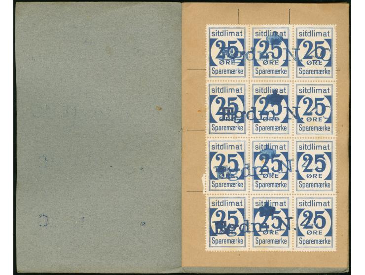 1950, Greenland Savings Book with gray cover containing 25ore blue (144 stamps ) including six scarce blocks of 12 and few st