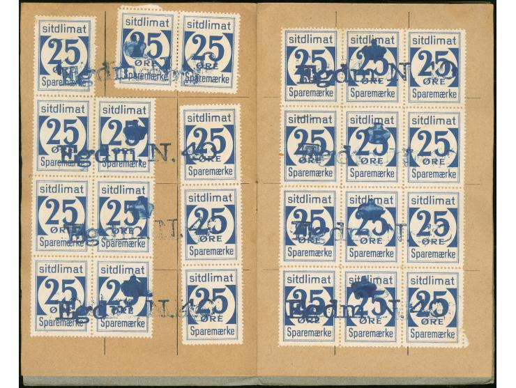 1950, Greenland Savings Book with gray cover containing 25ore blue (144 stamps ) including six scarce blocks of 12 and few st