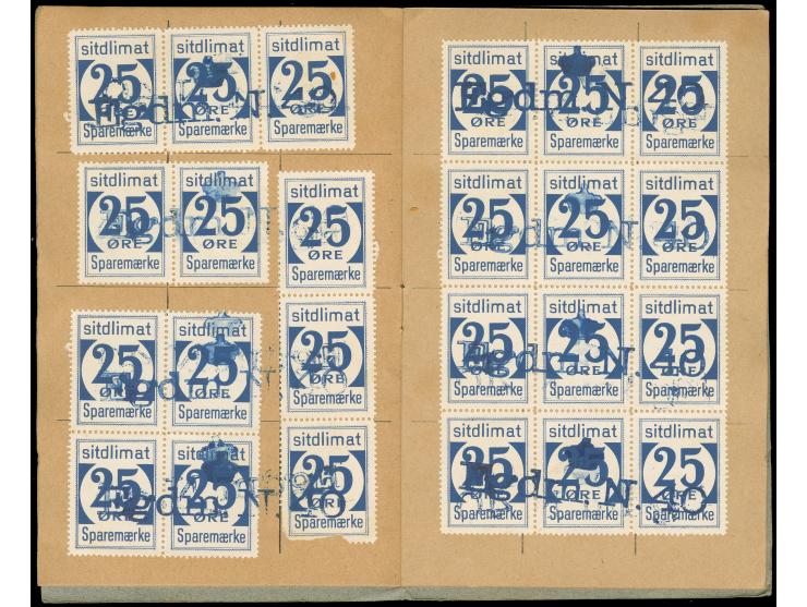 1950, Greenland Savings Book with gray cover containing 25ore blue (144 stamps ) including six scarce blocks of 12 and few st