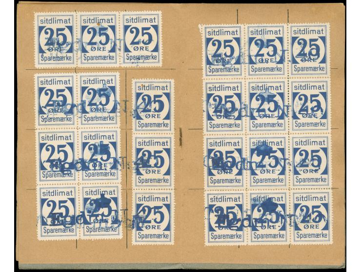 1950, Greenland Savings Book with gray cover containing 25ore blue (144 stamps ) including six scarce blocks of 12 and few st