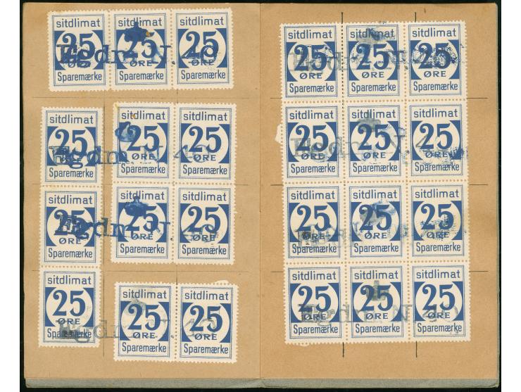 1950, Greenland Savings Book with gray cover containing 25ore blue (144 stamps ) including six scarce blocks of 12 and few st