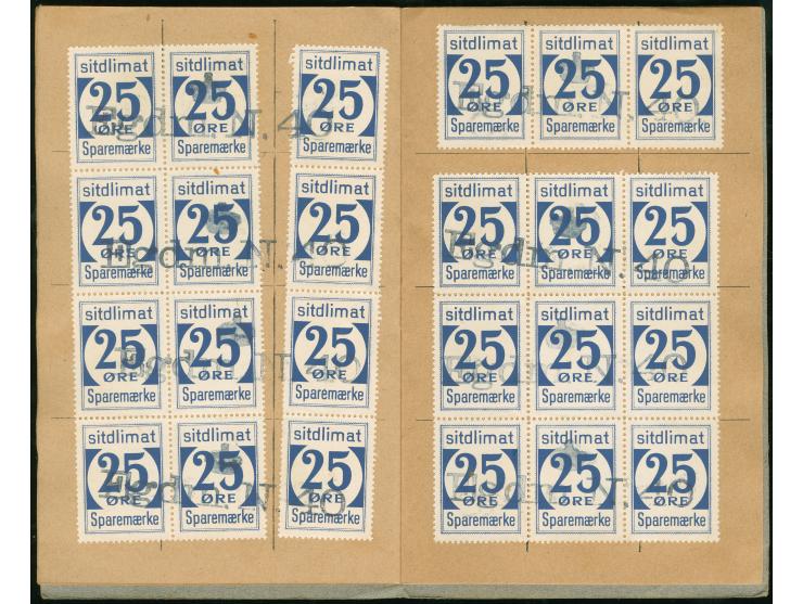 1950, Greenland Savings Book with gray cover containing 25ore blue (144 stamps ) including six scarce blocks of 12 and few st