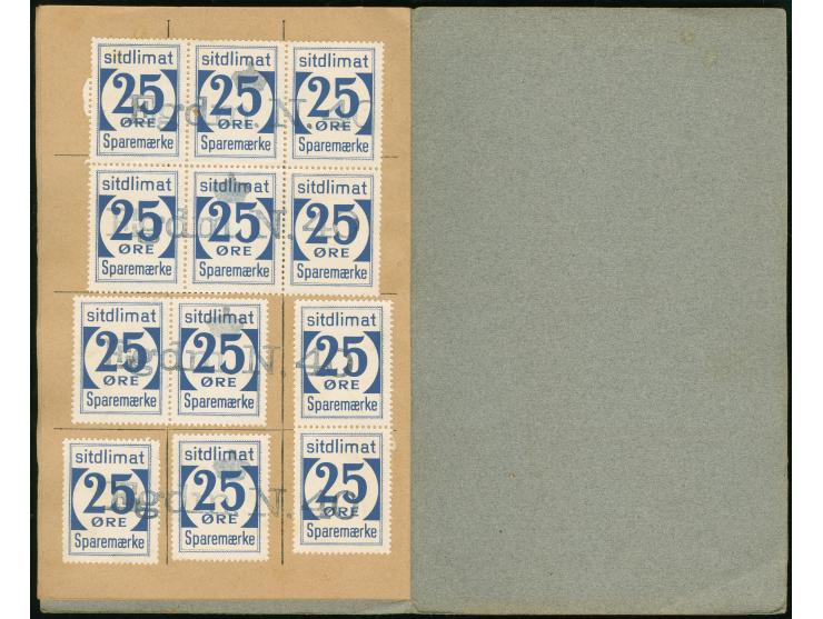 1950, Greenland Savings Book with gray cover containing 25ore blue (144 stamps ) including six scarce blocks of 12 and few st