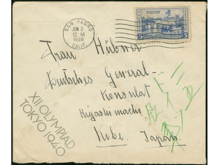 1938, "XII OLYMPIAD / TOKYO 1940" imprint on ‘Kokusai Line’ ship envelope from USA bearing Westpoint 5 c. blue cancelled SAN 