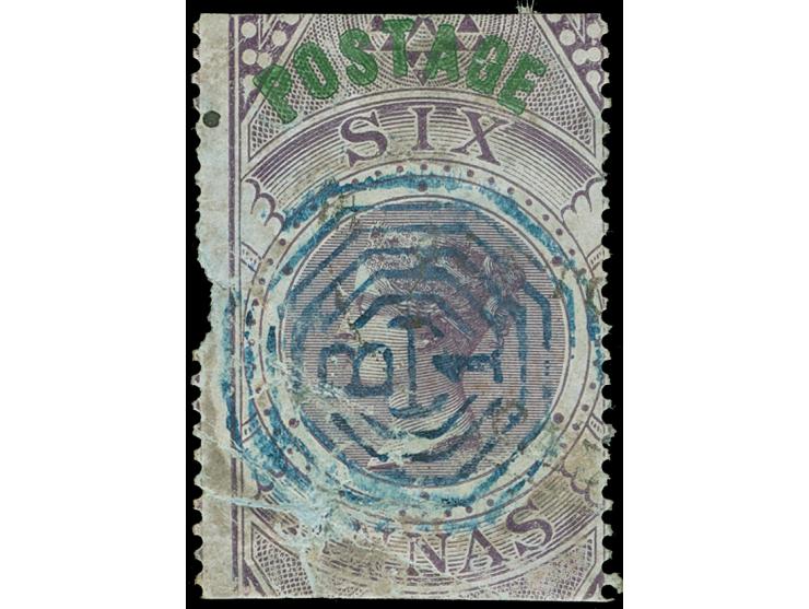 1866, Foreign Bill fiscal stamp 6 a. purple overprinted "Postage" in green, cancelled by blue octagonal ´B1´ (Calcutta - Beng