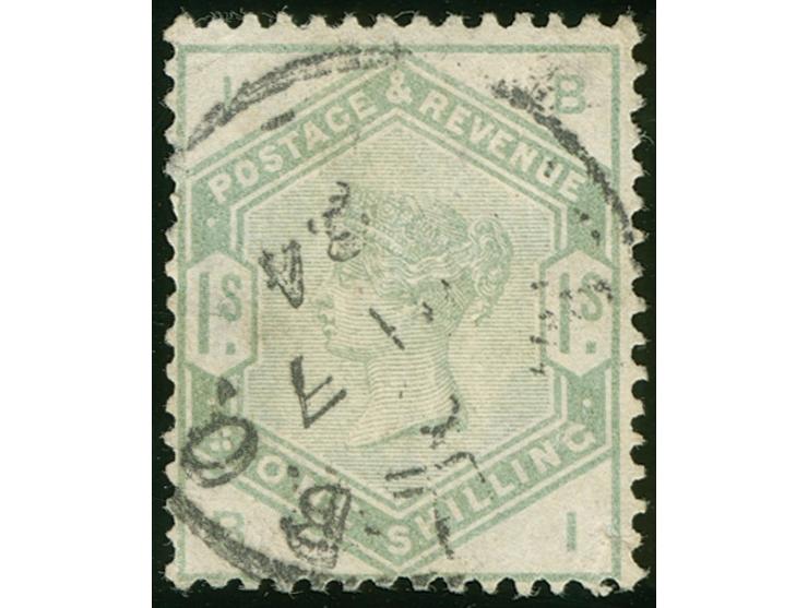 1883/84, 1 s. dull-green EJ and 1 s. dull green BI, both clear cancelled, SG £ 535

