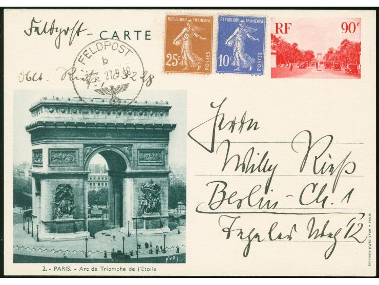 1940, Vier Bildganzsachen Frankreich Paris je mit Deutscher Feldpost 23.9.-27.9.40 befördert. Alle rs. mit umfangr. Text und 