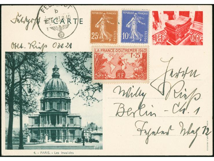 1940, Vier Bildganzsachen Frankreich Paris je mit Deutscher Feldpost 23.9.-27.9.40 befördert. Alle rs. mit umfangr. Text und 