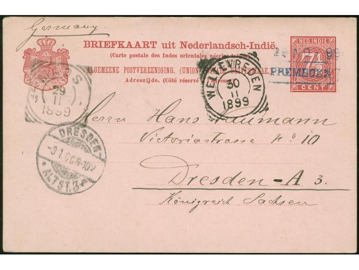1895/1902, Five postal stationery cards showing clear cancellations of Maos , Premboen (box type &amp; date), Keboemen, Soera