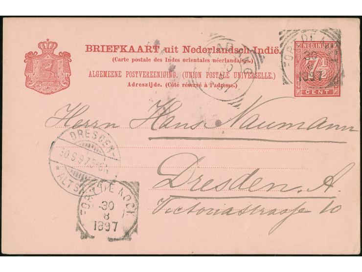 1895/1902, Five postal stationery cards showing clear cancellations of Maos , Premboen (box type &amp; date), Keboemen, Soera