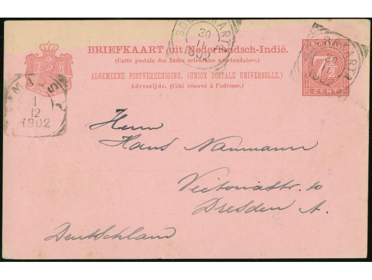 1895/1902, Five postal stationery cards showing clear cancellations of Maos , Premboen (box type &amp; date), Keboemen, Soera