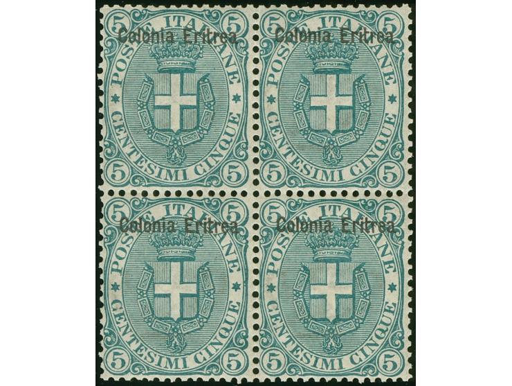 1893, 5 c. green, unused block of four, mint never hinged, well centered, fine and fresh (Sassone 3)